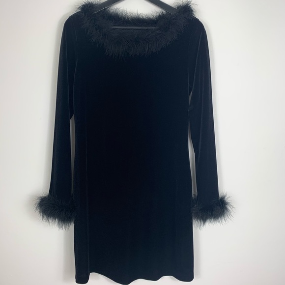 Vintage Black Velvet Dress w/ Down Feather Collar - Picture 1 of 8